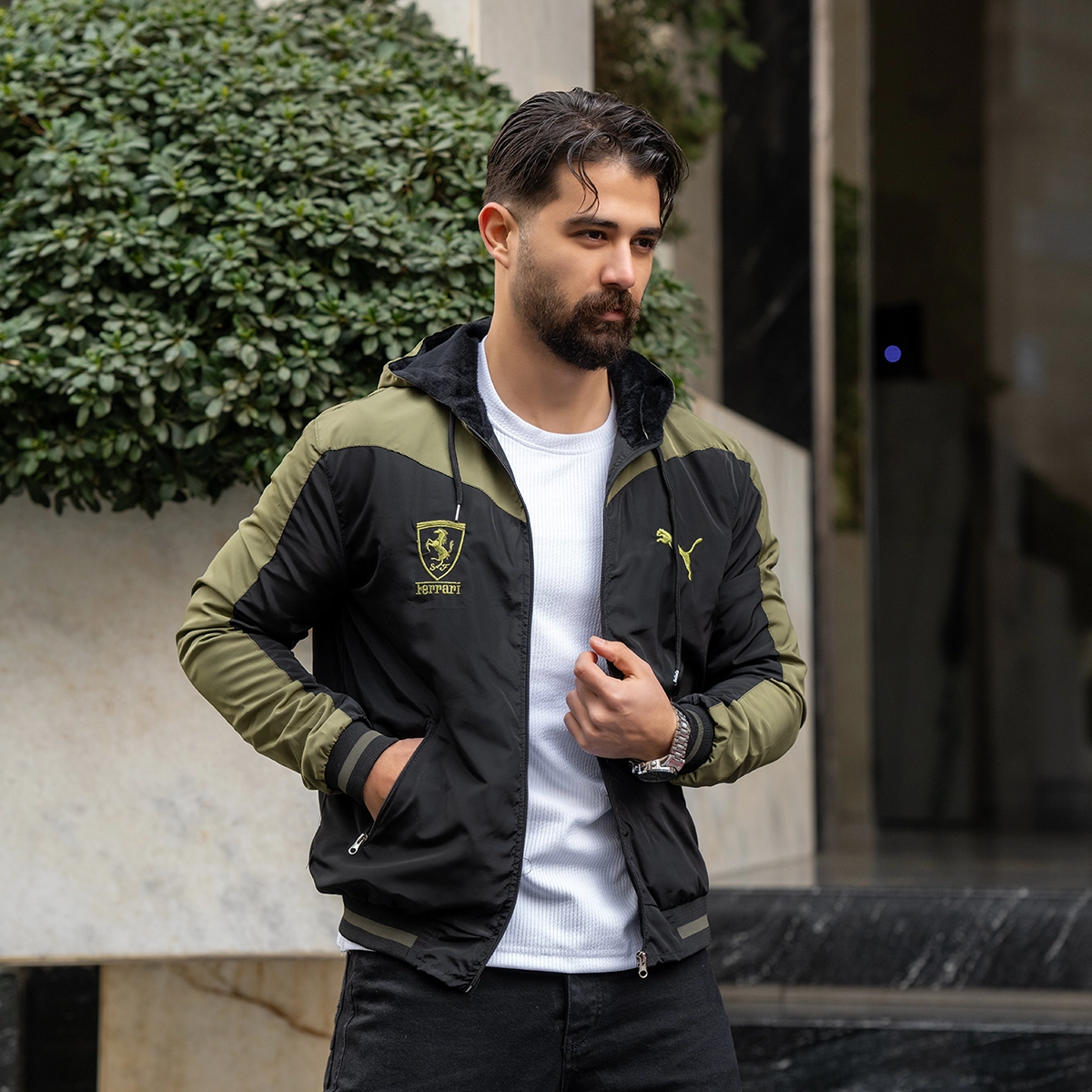 کاپشن مشکی سبز مردانه مدل Ferrari