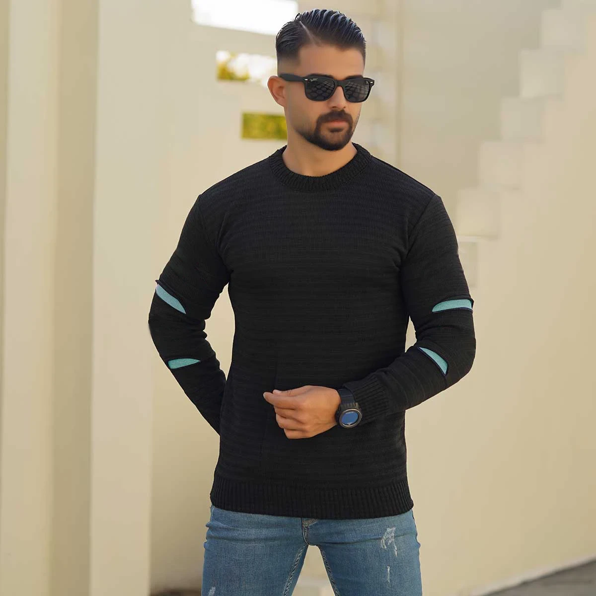 پلیور مردانه مشکی زاپ فیروزه ای مدل solan