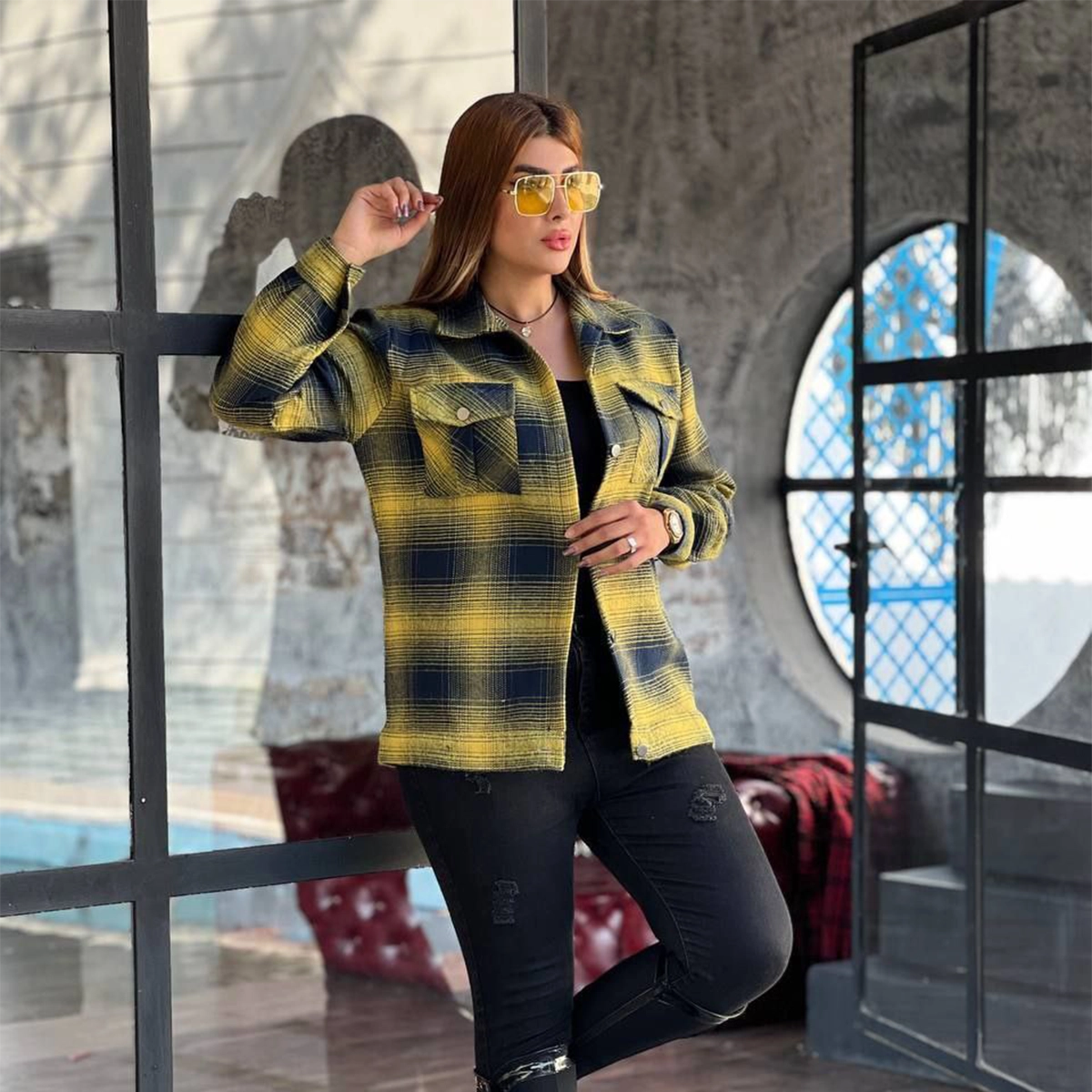 شکت پاییزه چهارخونه زرد زنانه مدل Hoda